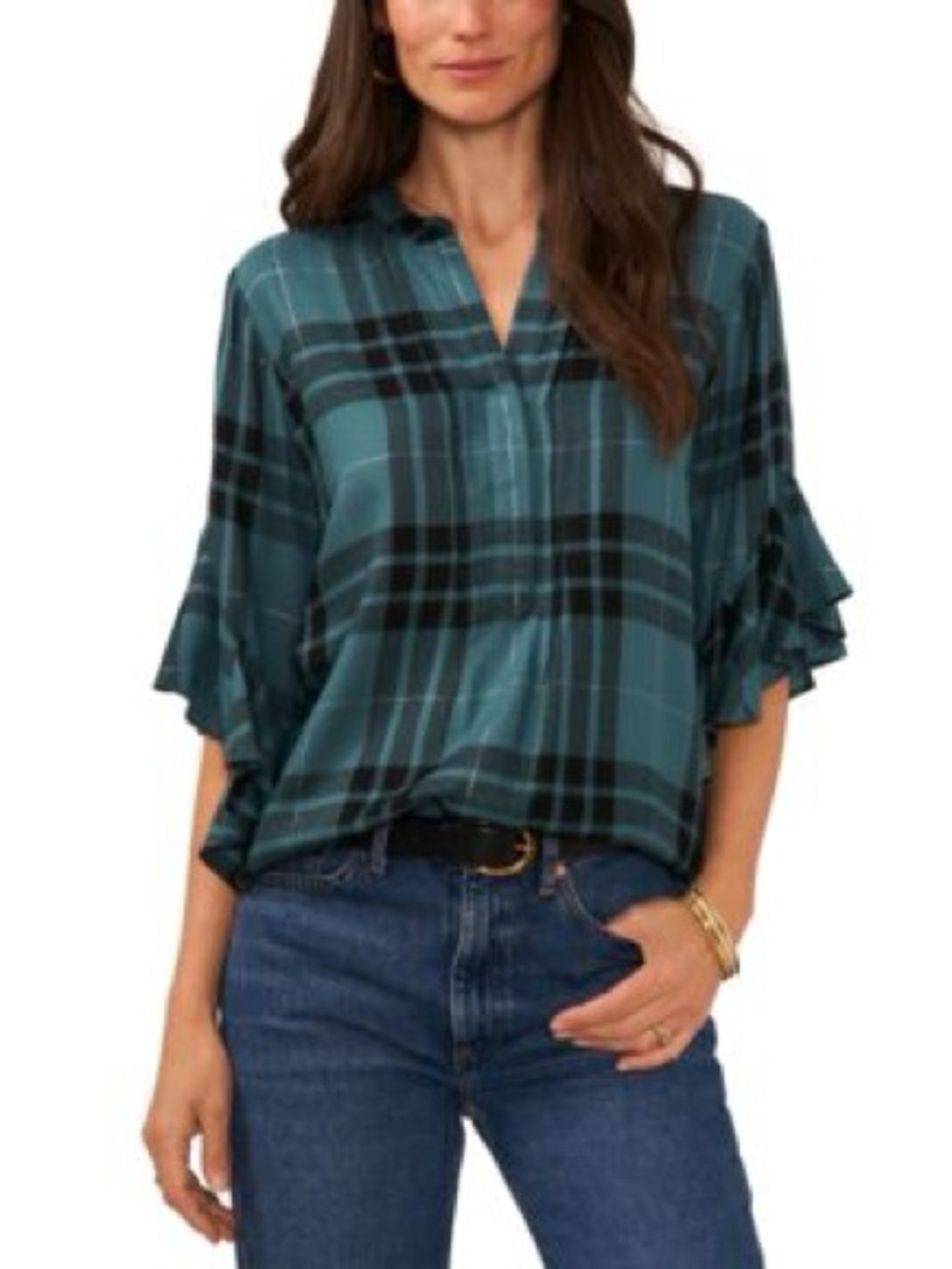 Vince Camuto Teal Plaid Ruffle Sleeve Blouse
